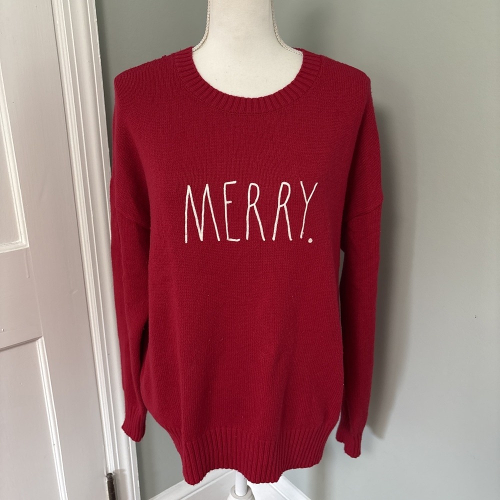Rae Dunn Sweater Women XL Red Merry Christmas Holiday Crew Neck
